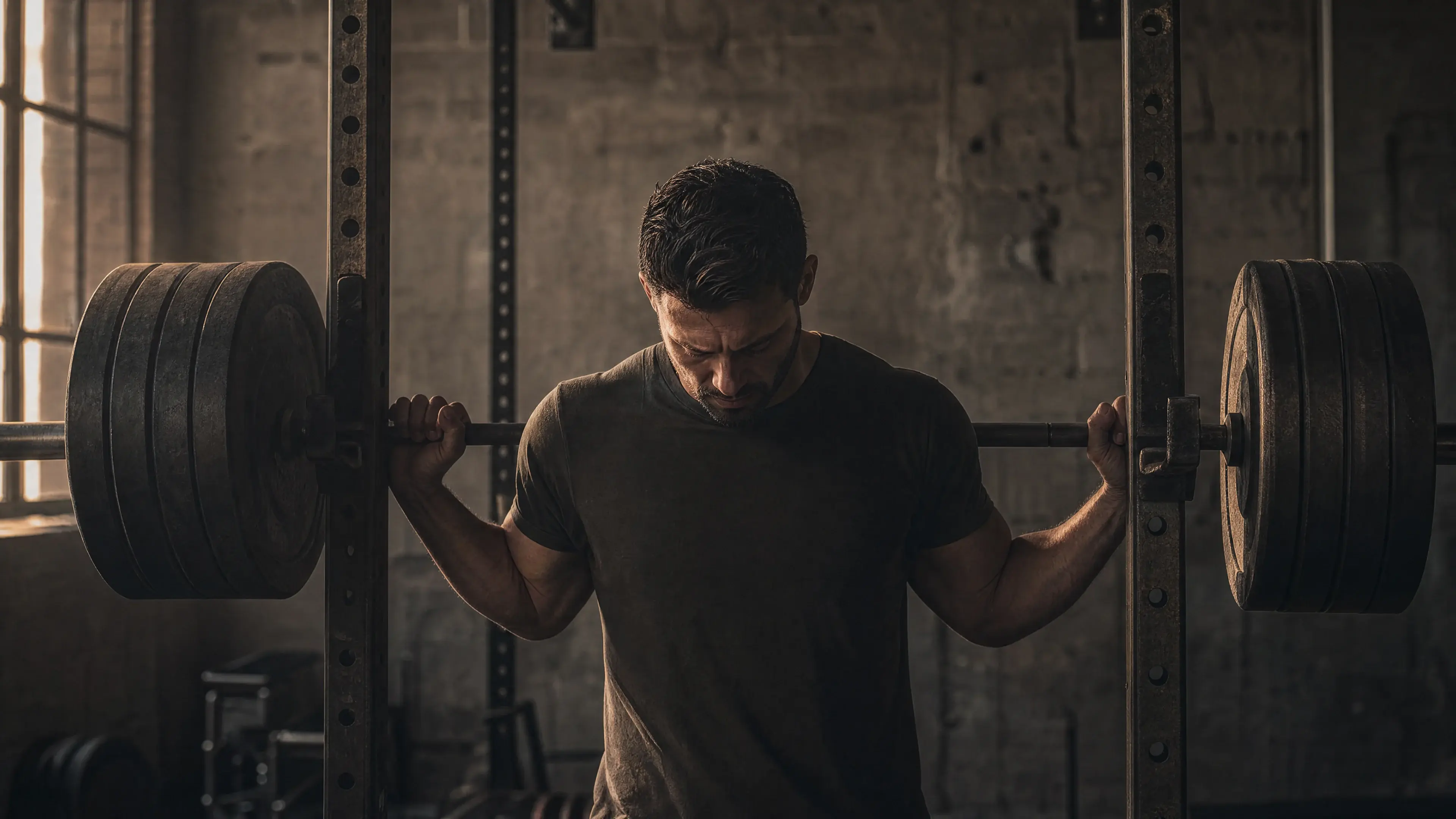 Faith-driven male lifter under a loaded barbell in a dim industrial gym, side-lit, head bowed in reverence — alpha and omega meaning for christians