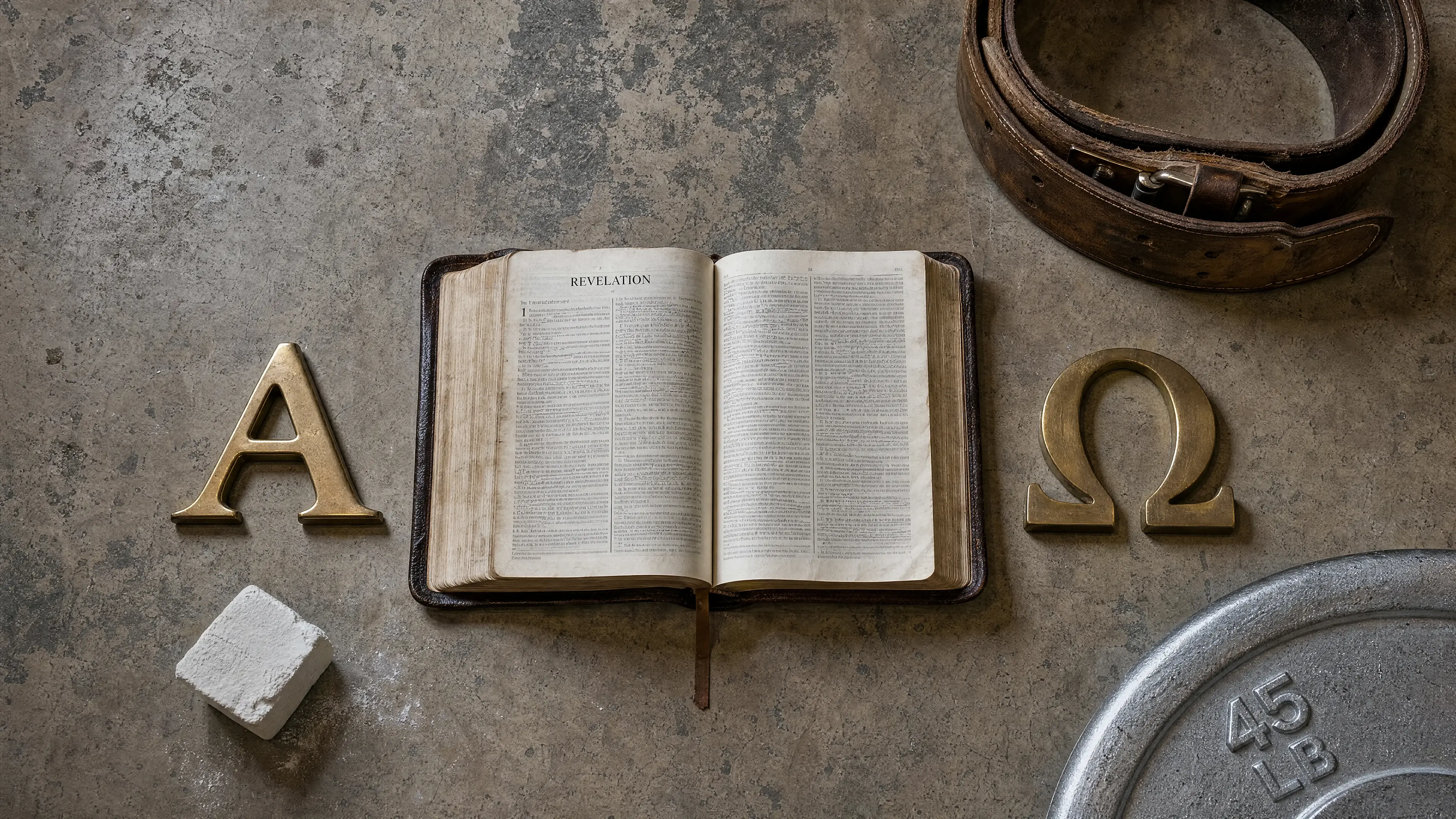Flat lay of an open Bible at Revelation next to brass Alpha and Omega letters, a worn leather belt, and chalk on a concrete gym floor — alpha and omega meaning for christians