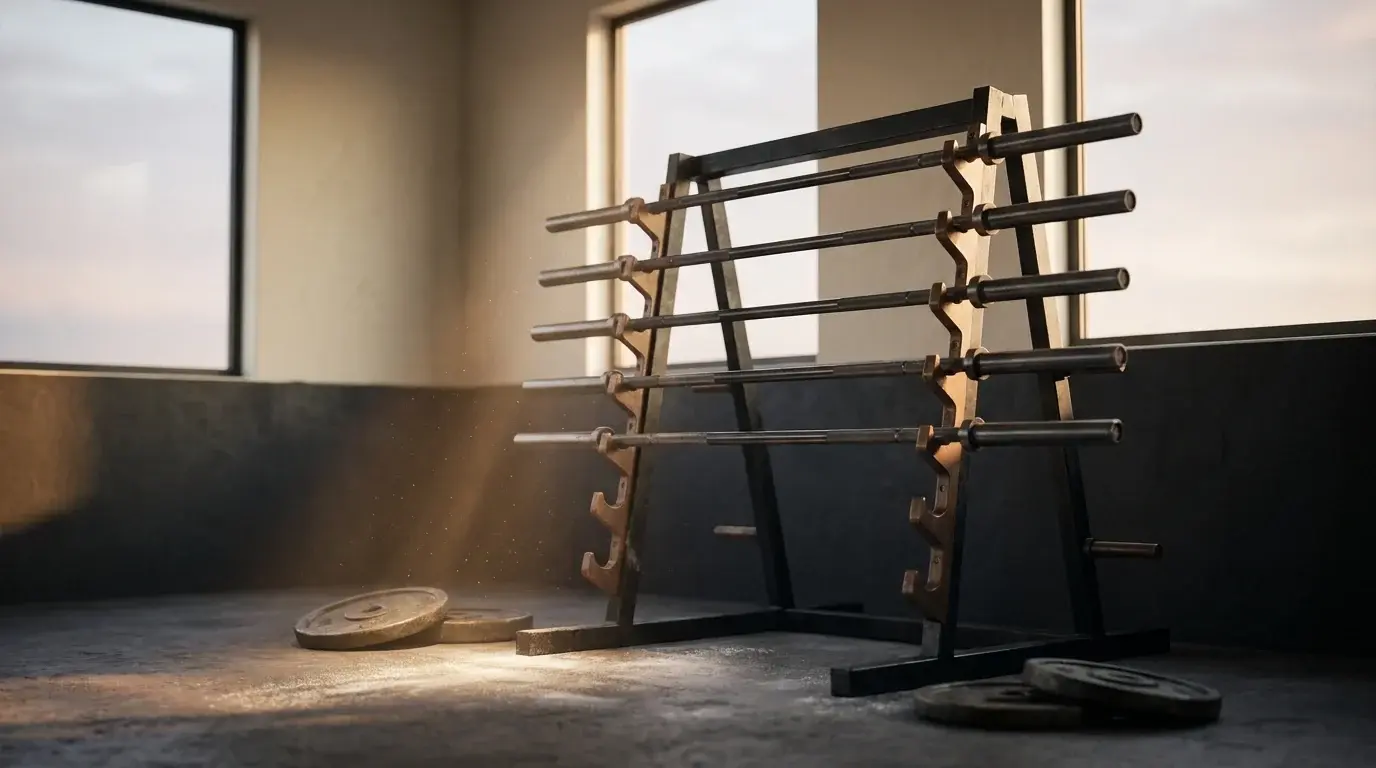 Five Olympic barbells resting in a weight room rack at golden-hour morning light — compound lifts for beginners