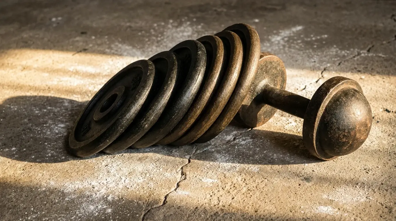 Five weight plates and a barbell resting on a concrete floor in dramatic side light — compound lifts for beginners
