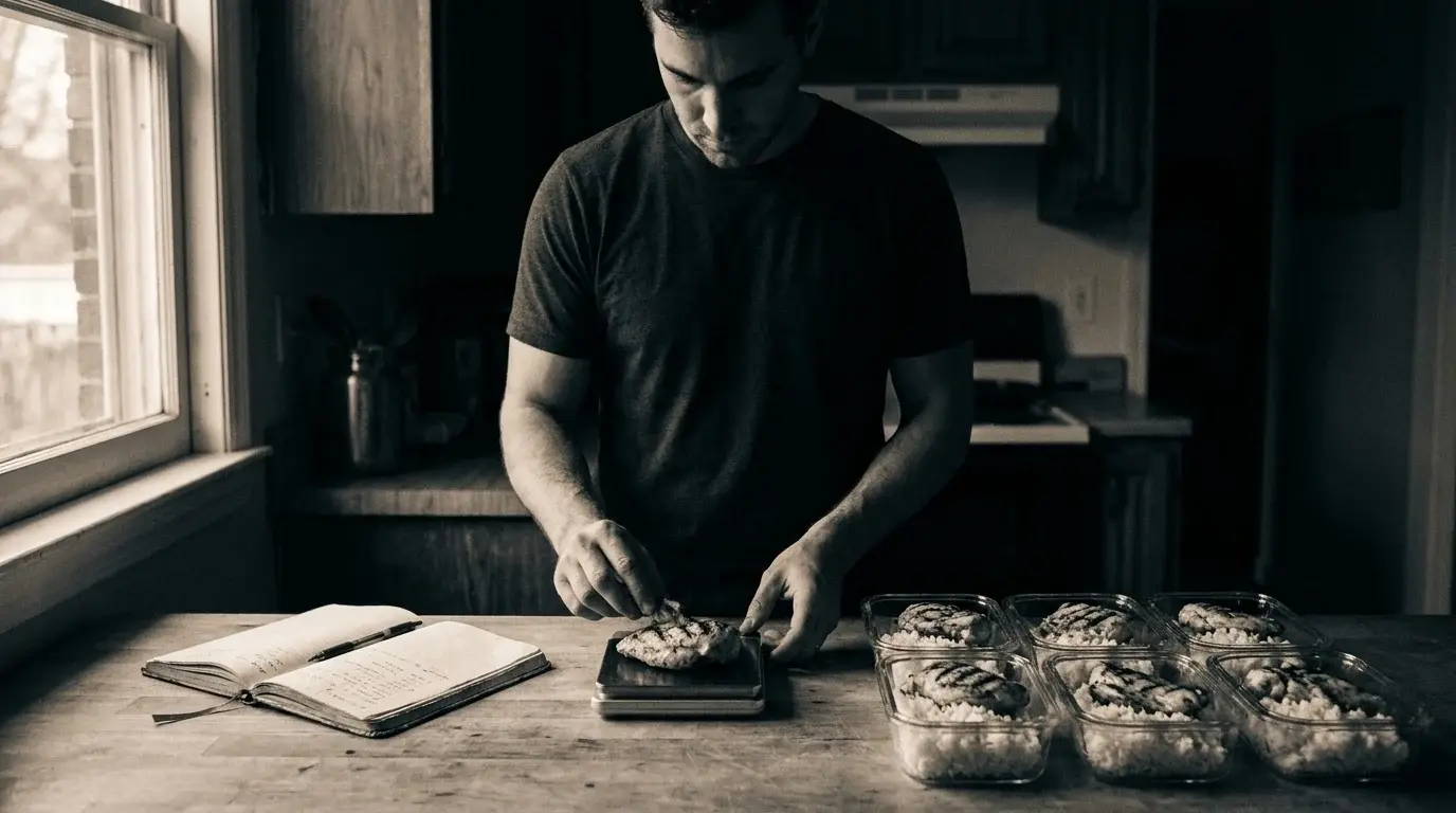Man weighing food at a kitchen counter before dawn with meal-prep containers and a training logbook - cutting without losing strength