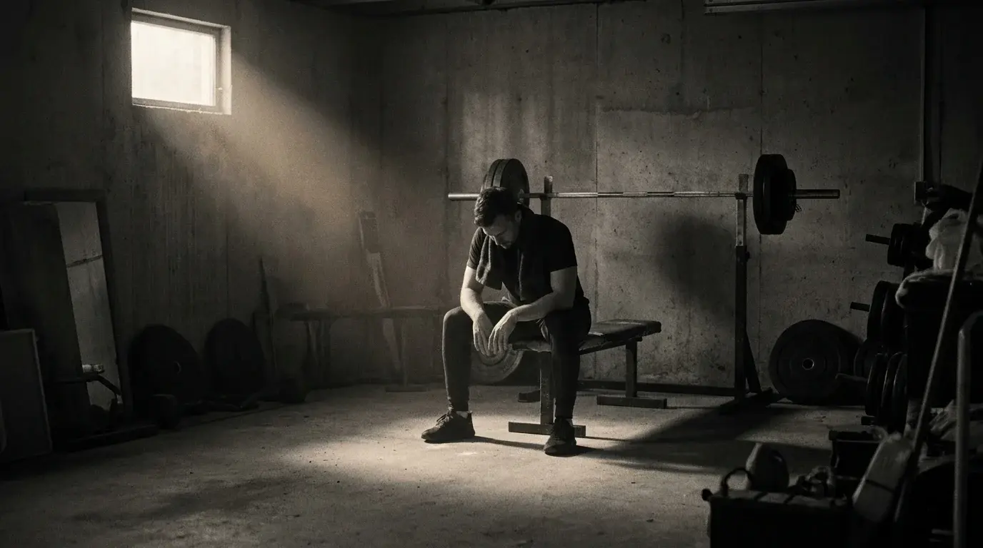 Lifter seated on a bench in a garage gym at dawn, head bowed, resting between heavy sets during a cutting phase - cutting without losing strength