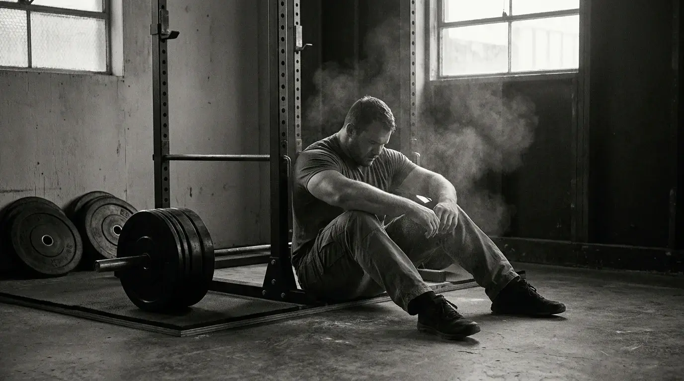 Faith-driven male lifter seated against a power rack catching his breath between heavy deadlift sets, chalk dust in warm window light - deadlift form guide