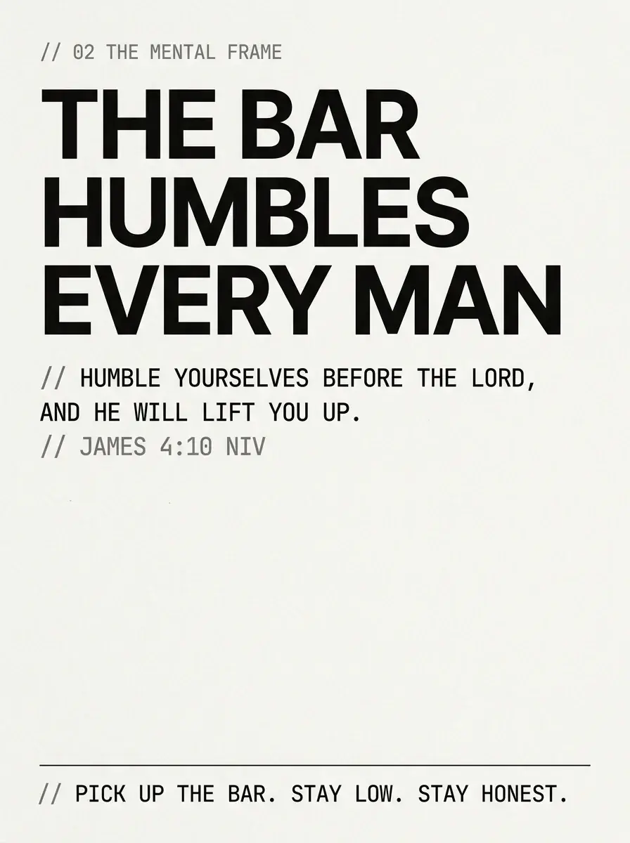 Infographic reading 'The bar humbles every man' with the citation James 4:10 NIV - deadlift form guide