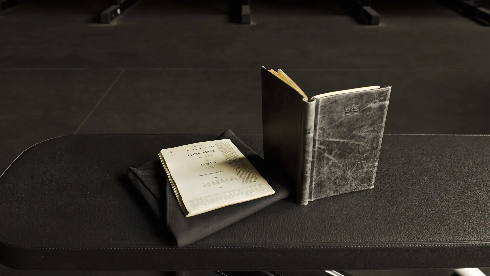 Open Bible on a gym bench beside folded training clothes - faith and apparel identity