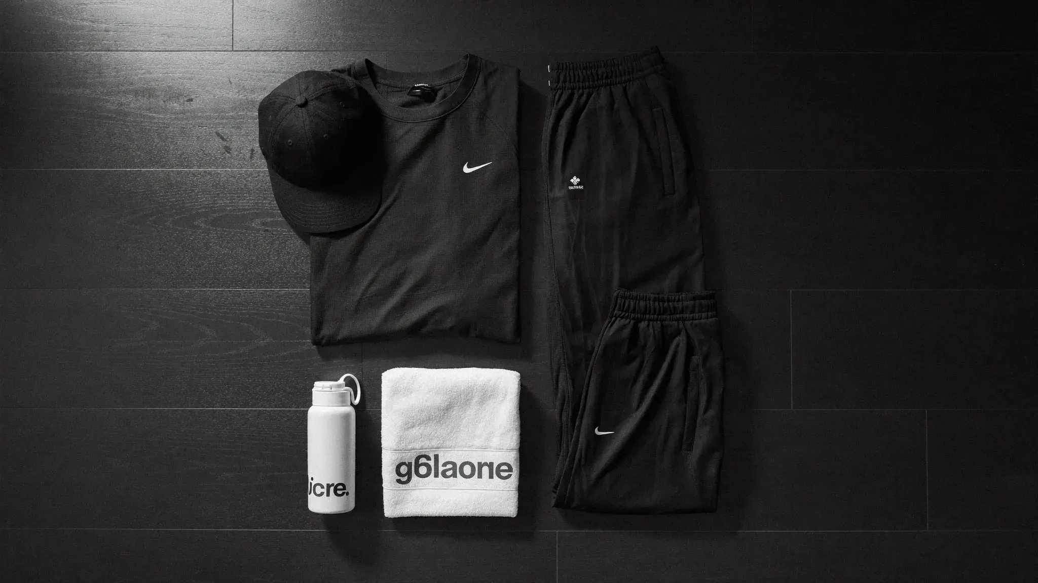 Flat lay of a complete faith-driven athlete training kit - tee, long sleeve, shorts - Christian gym apparel categories