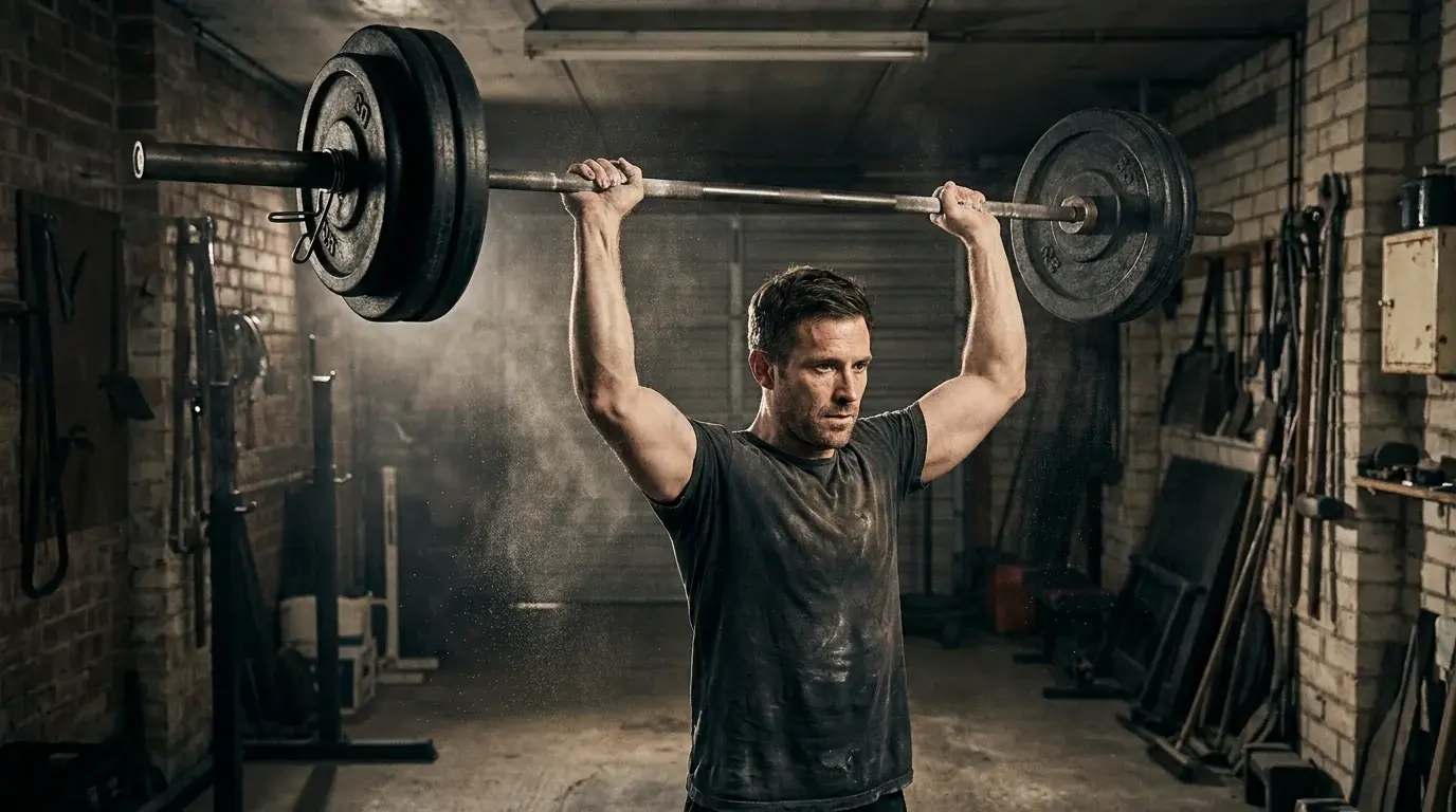 Faith-driven man performing a heavy barbell overhead press in a dim garage gym — faith-driven training split for busy men