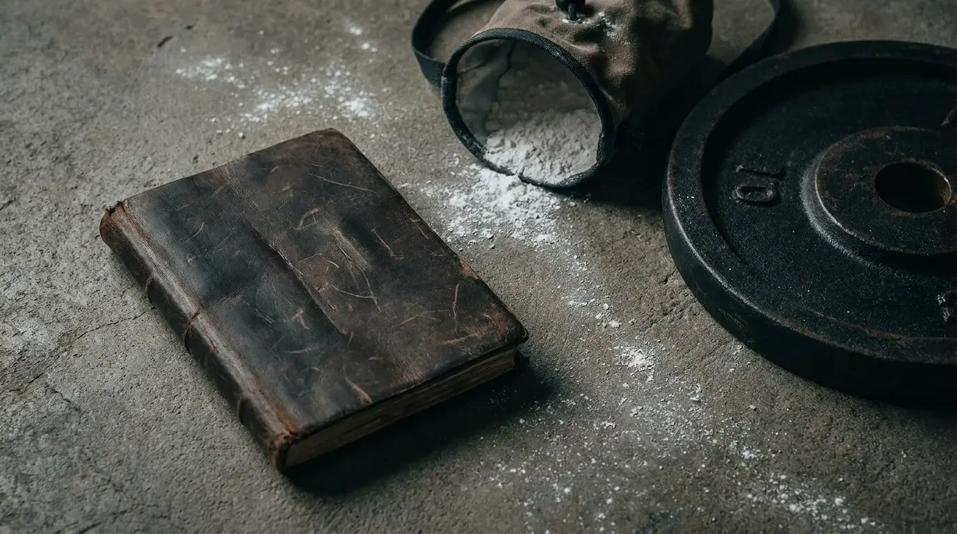 A worn training journal open to a weekly split schedule beside a chalk bag and iron barbell plate — faith-driven training split for busy men