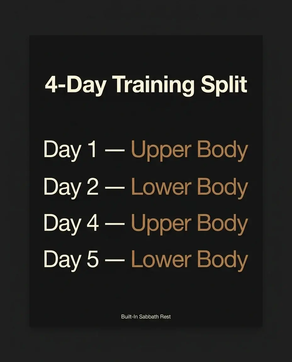 Editorial poster showing the 4-Day Training Split with upper and lower body days labeled — faith-driven training split for busy men