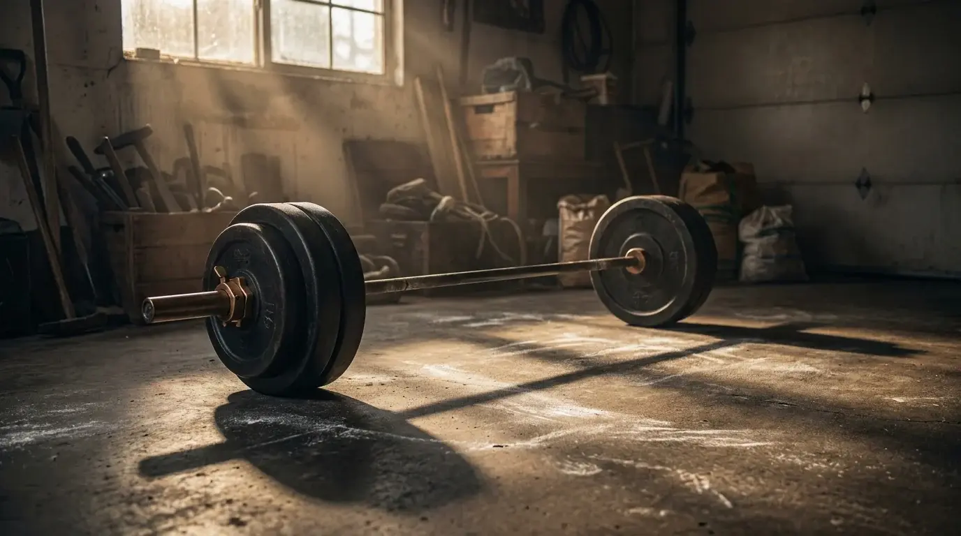 Early morning light casting shadows across a loaded barbell in a garage gym — faith-driven morning training session