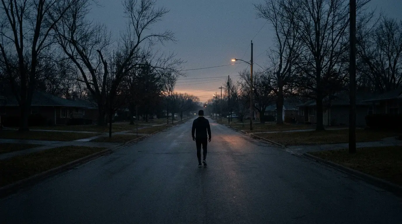 A lone man walking down an empty street in the pre-dawn dark before eating - fasted cardio for fat loss