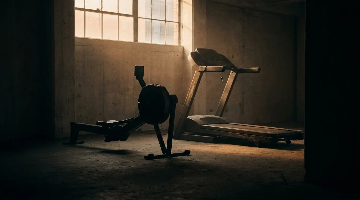An empty gym cardio corner with a rower and treadmill in dim early morning light before opening - fasted cardio for fat loss