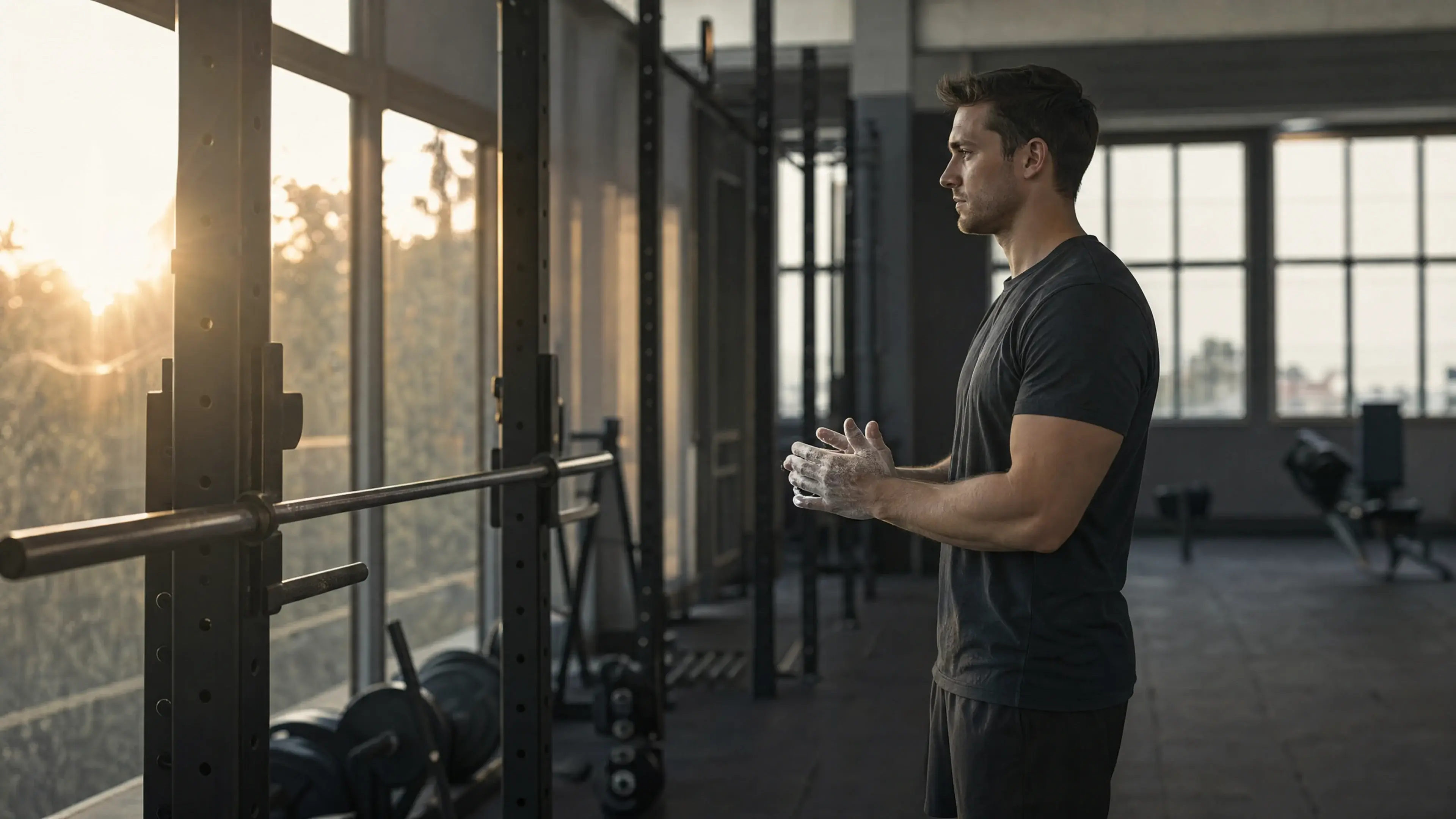 A faith-driven man standing in front of an empty barbell rack at dawn on day one of his first 30 days of strength training