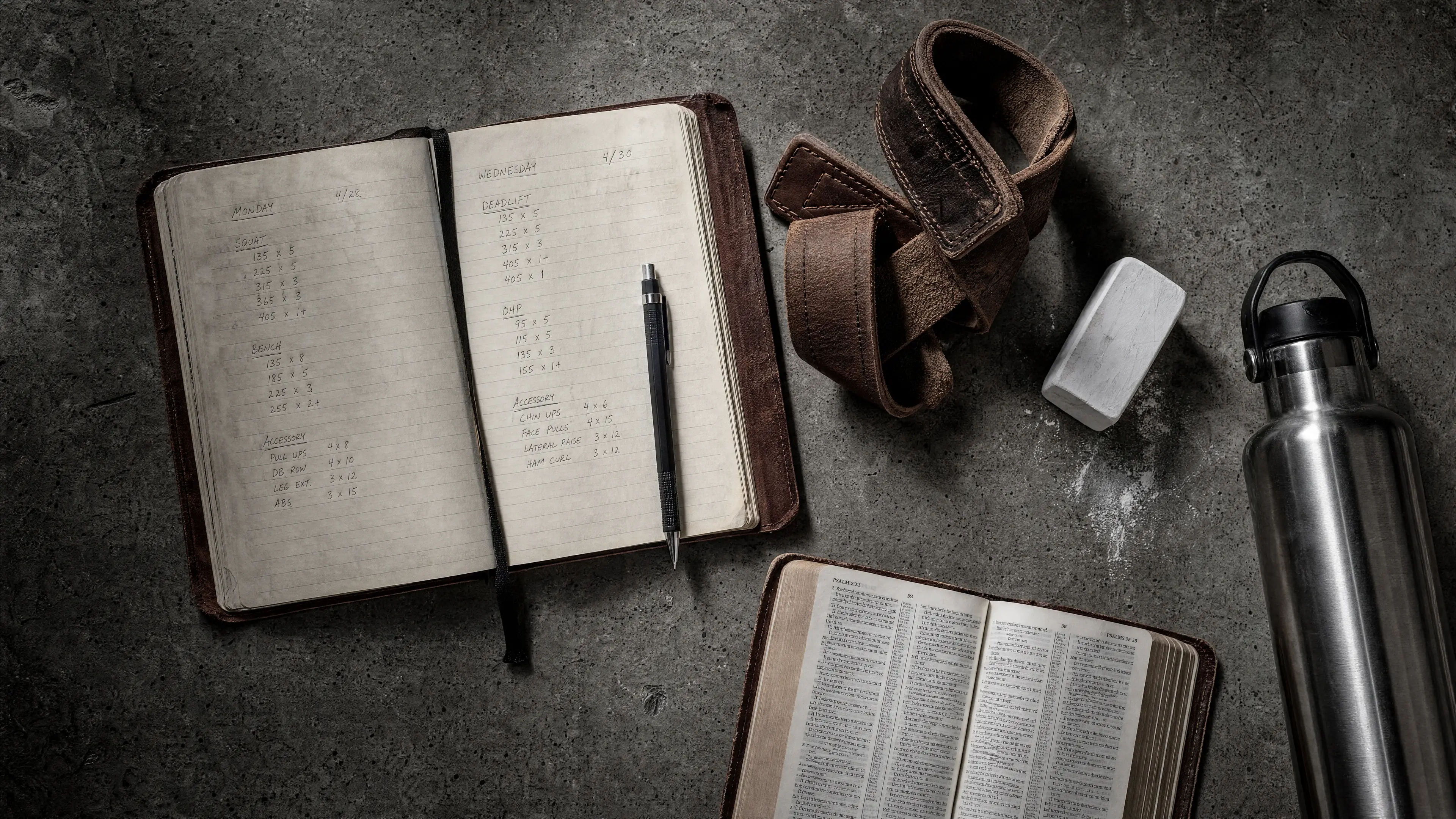 Overhead still life of a training journal, pencil, chalk, water bottle, and open Bible on a concrete gym floor — the tools of a faith-driven beginner's first 30 days