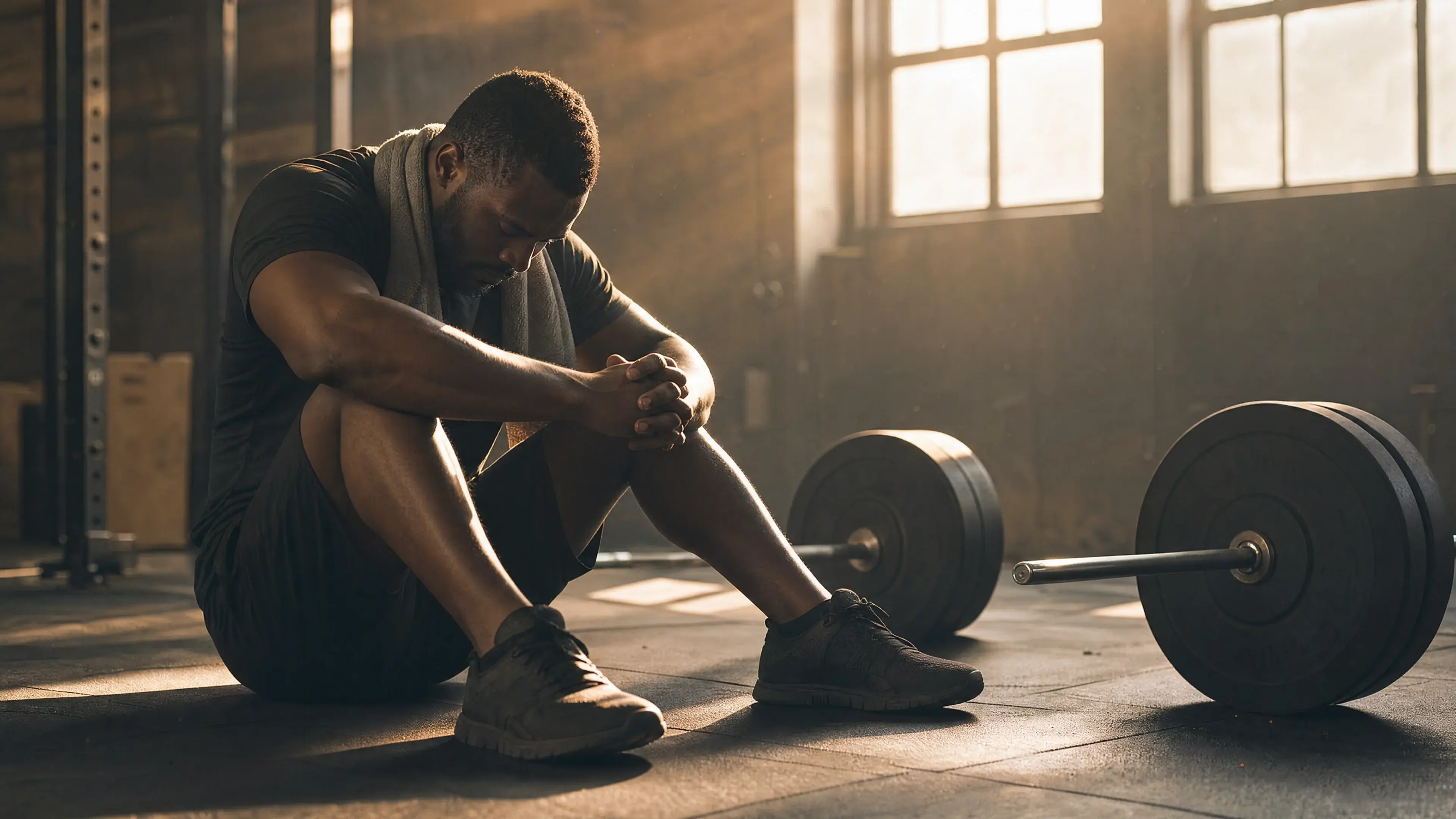 Atmospheric image of a faith-driven lifter sitting beside a loaded barbell at the end of a session — reflecting on the work of the first 30 days of strength training