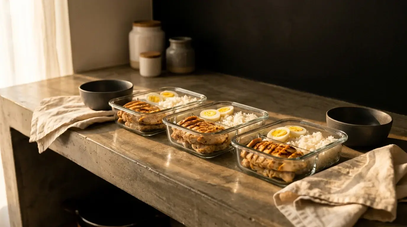 Meal prep containers with chicken, rice, and eggs on a kitchen counter — strength training nutrition on a budget