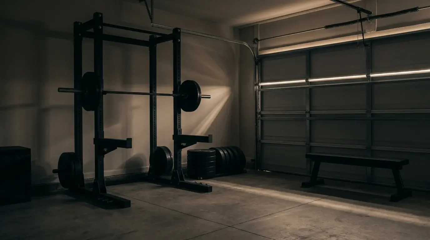 A spartan home garage gym at dawn with a power rack, loaded barbell, and stacked bumper plates - garage gym on a budget