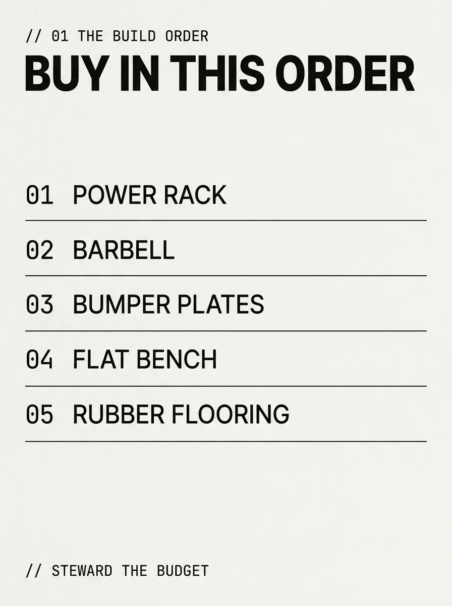 Infographic listing the garage gym build order: power rack, barbell, bumper plates, flat bench, rubber flooring - garage gym on a budget