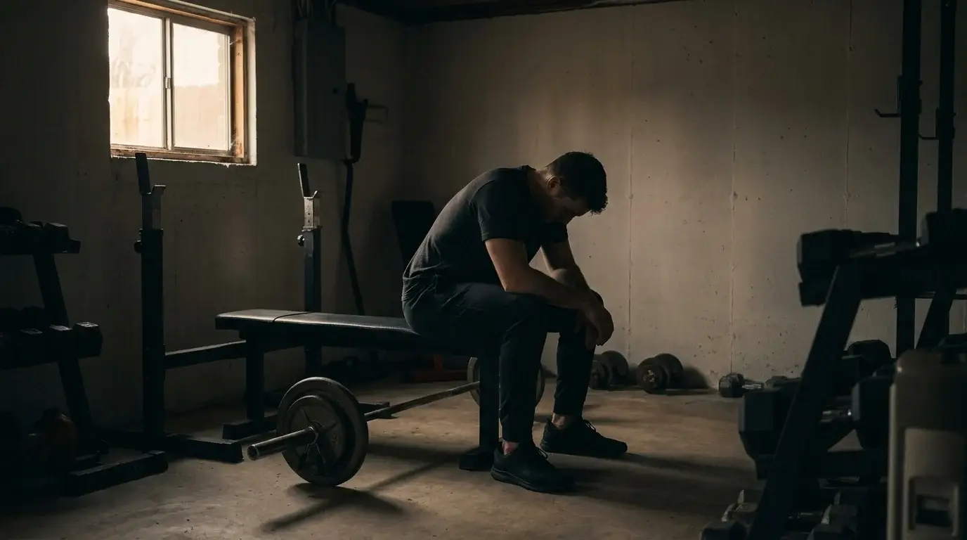 A man resting on a bench between sets in a home garage gym in warm window light - garage gym on a budget