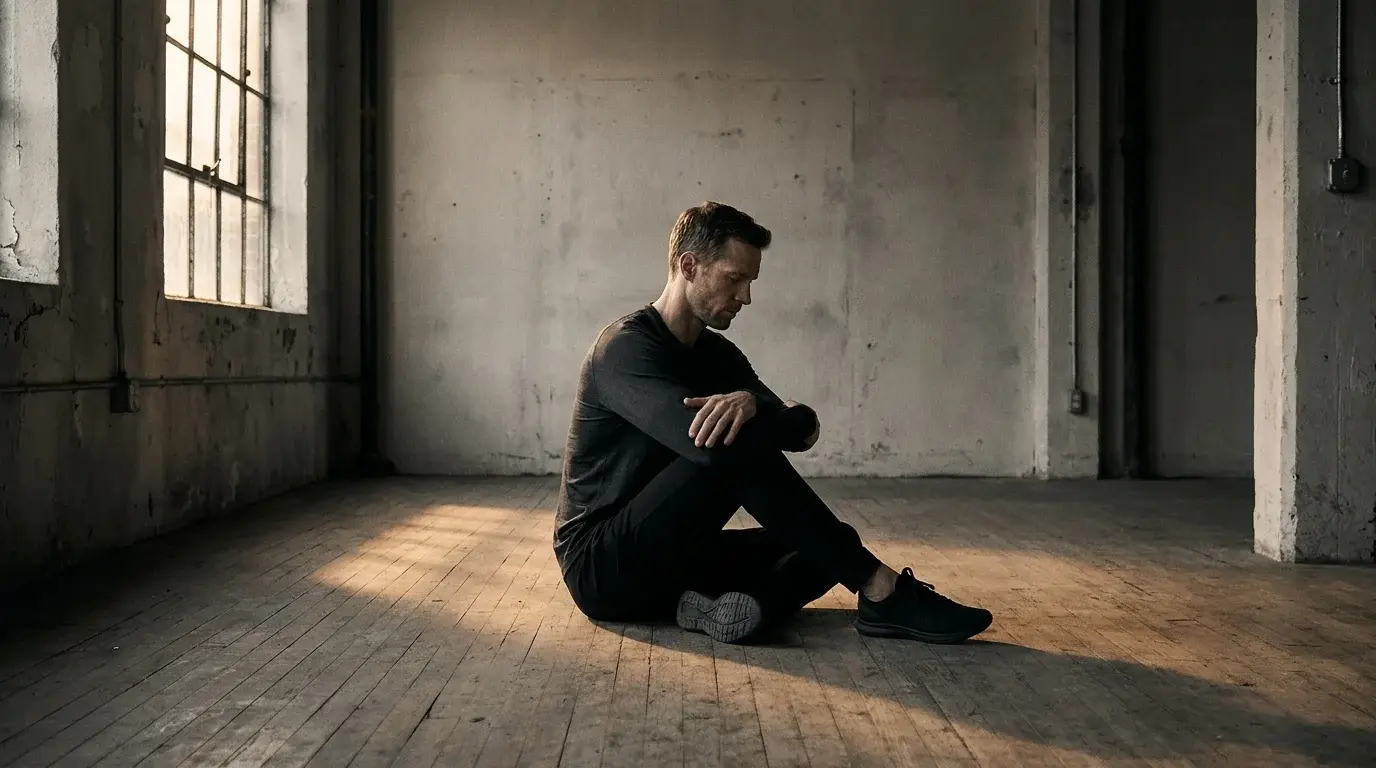 A lean man in his mid-30s in a quiet seated hip-mobility position on a sunlit training floor at dawn - mobility routine for lifters over 30
