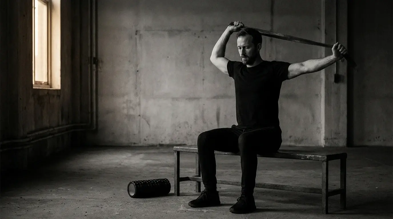 A man in his late 30s seated on a bench doing banded shoulder dislocates with a foam roller on the floor - mobility routine for lifters over 30