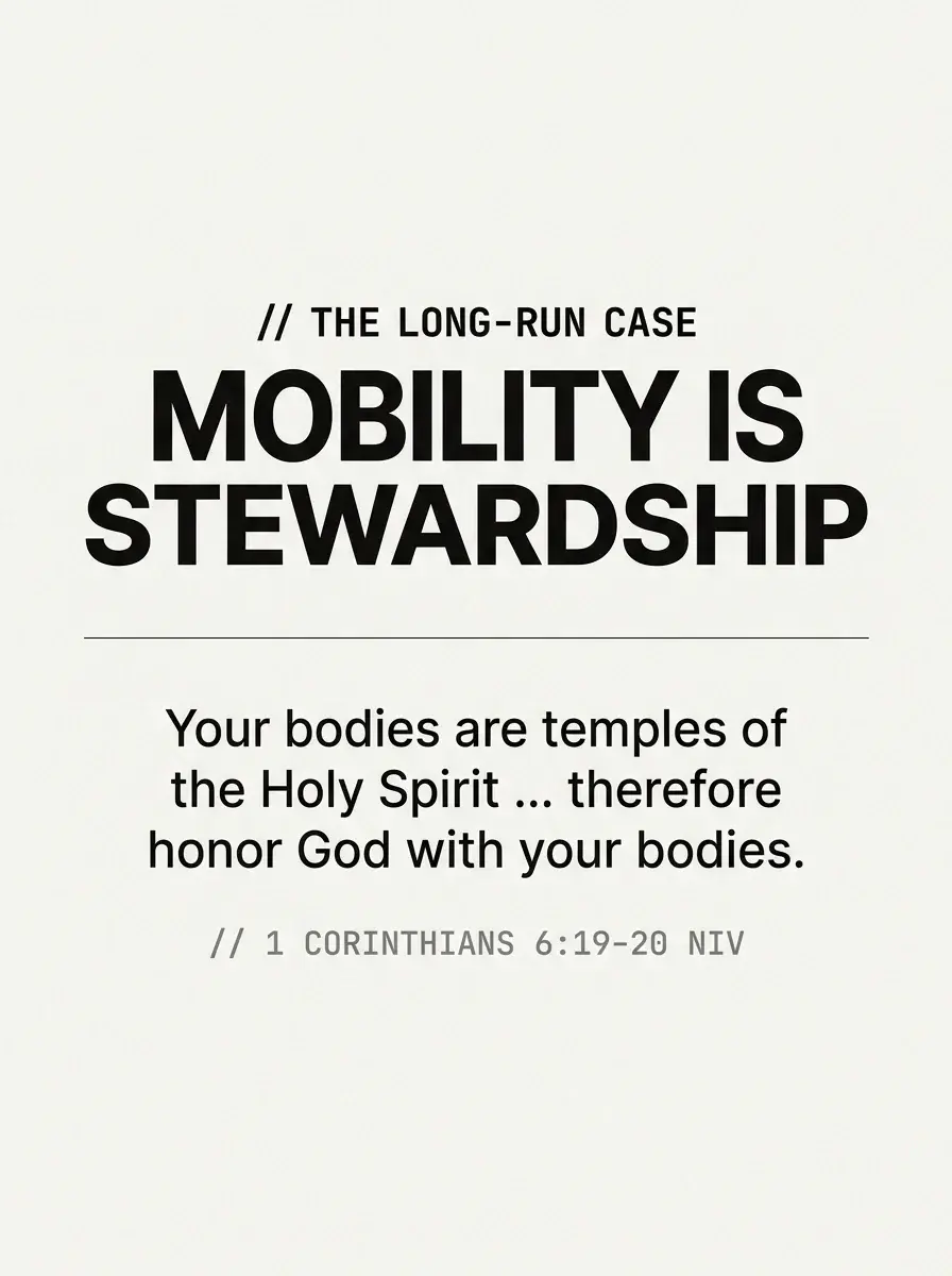 Editorial infographic reading Mobility Is Stewardship with the verse your bodies are temples of the Holy Spirit, 1 Corinthians 6:19-20 - mobility routine for lifters over 30