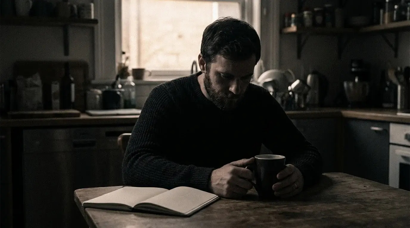 Man seated at a kitchen table before sunrise with an open notebook and coffee, head bowed in prayer - morning prayer routine for athletes