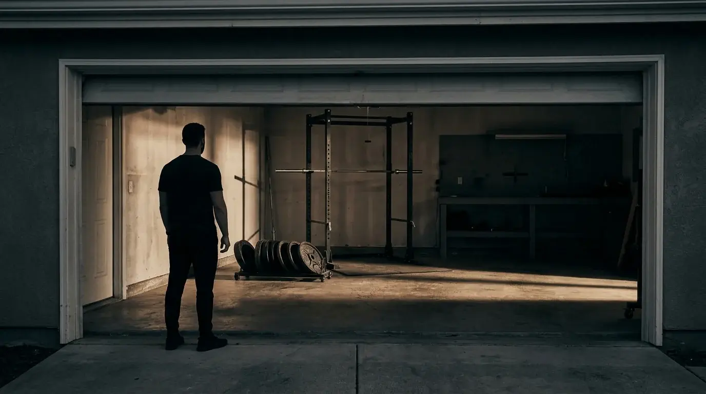 Empty garage gym at dawn with a man standing at the threshold in early light, about to begin training - morning prayer routine for athletes