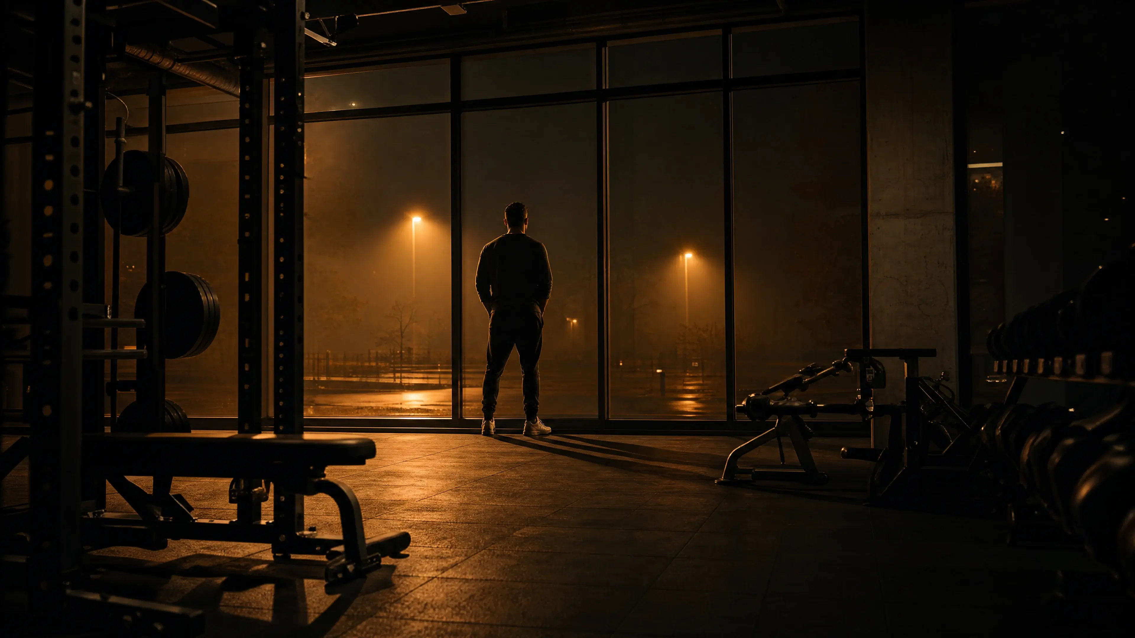 Silhouette of a man at a gym window at 5 AM, pre-dawn light casting long shadows on an empty weight room floor — morning vs evening training for faith-driven lifters
