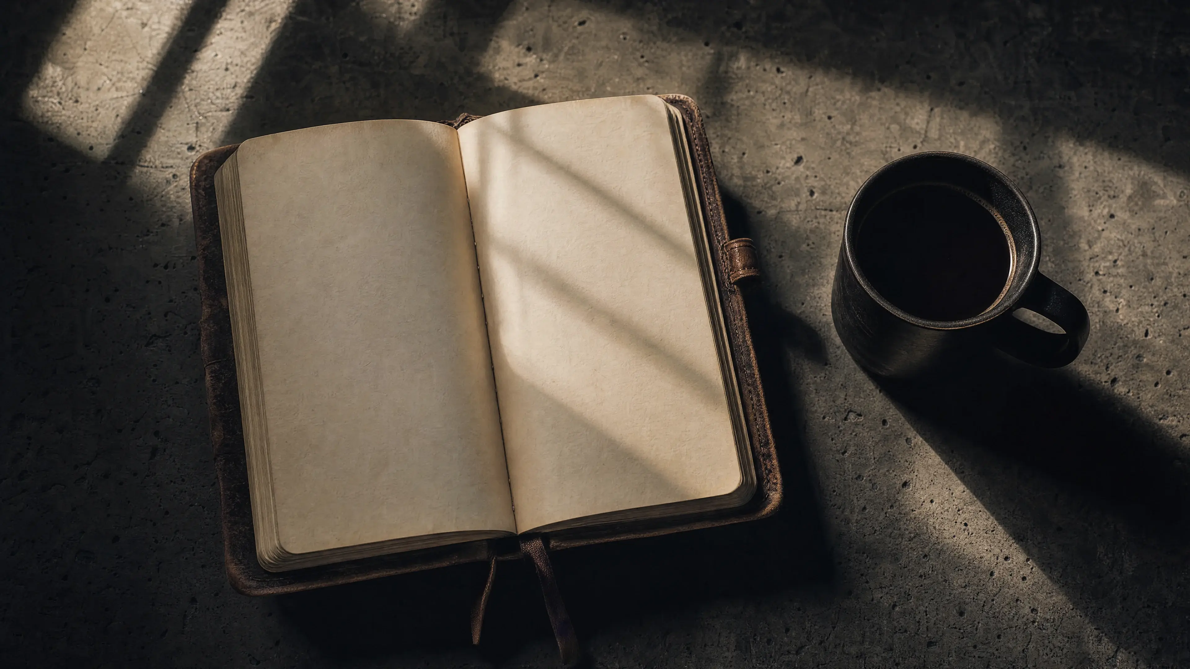 Worn leather training journal and black coffee mug on concrete surface in pre-dawn light — morning training for faith-driven lifters