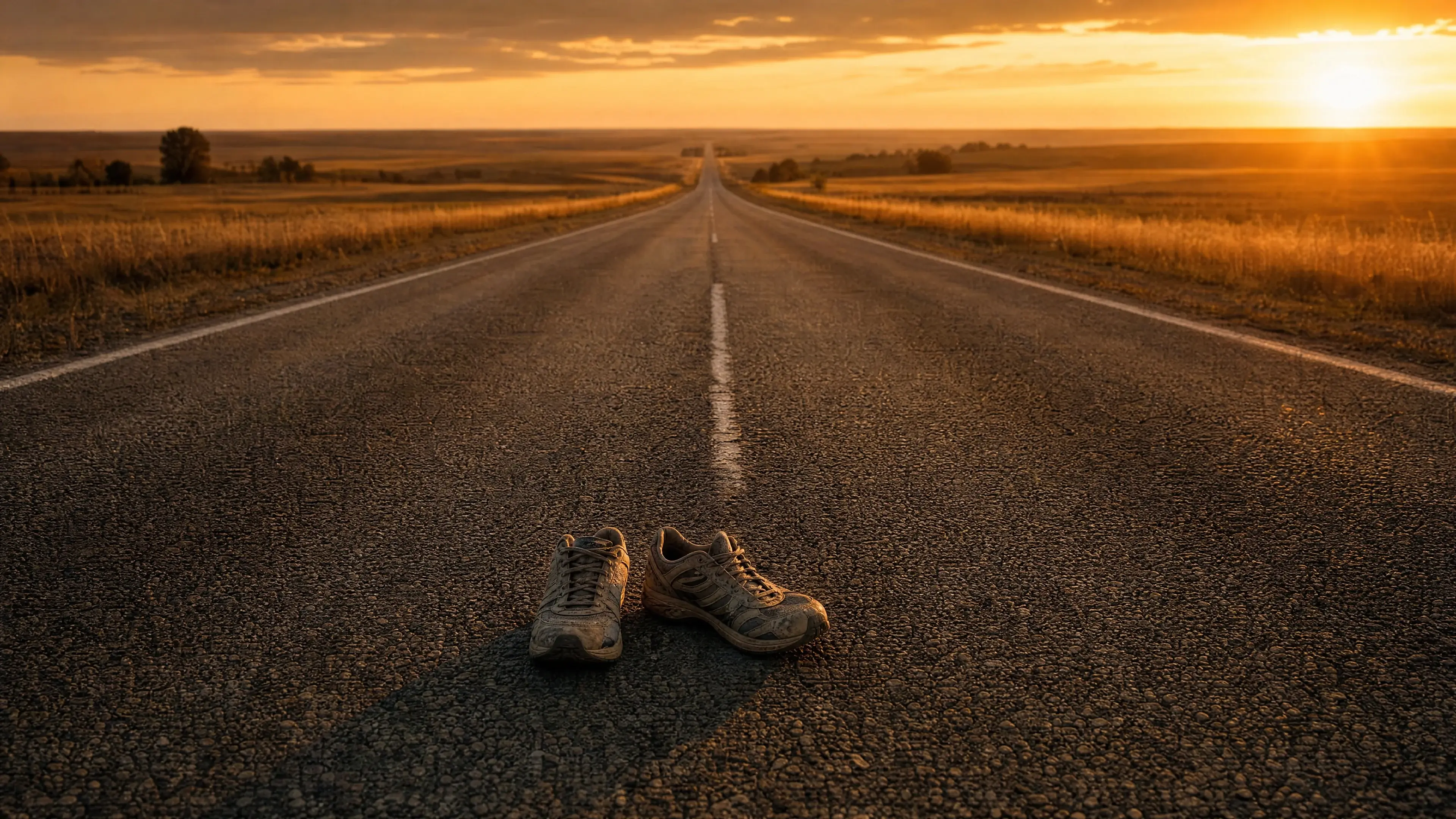 Empty country road at golden hour dusk with worn training shoes in the foreground — faith-driven training window decision