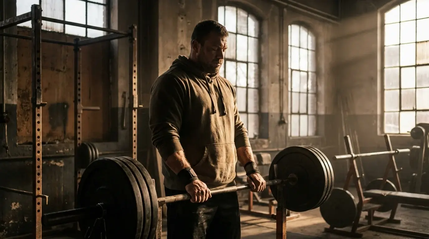 Faith-driven male lifter standing in silent prayer over a loaded barbell before training — pre-workout prayer for lifters