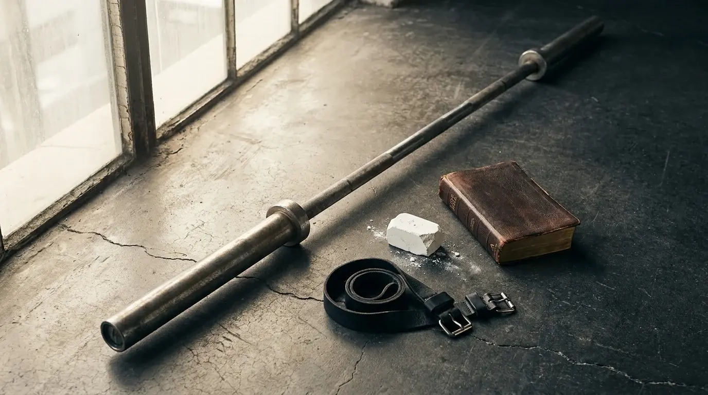 Flat lay of an Olympic barbell next to a worn leather Bible and lifting chalk on a concrete gym floor — pre-workout prayer for lifters