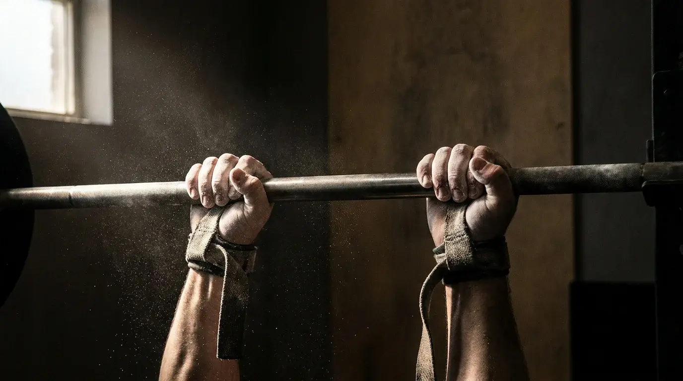 Calloused hands gripping a chalked Olympic barbell in dramatic side light — pre-workout prayer for lifters