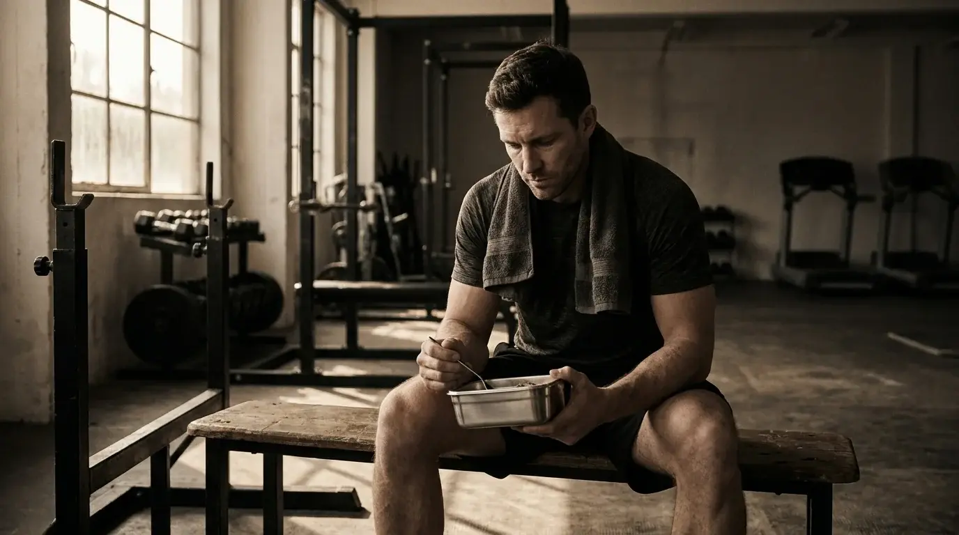 Faith-driven lifter eating a simple meal from a steel container on a gym bench after training - protein targets for lifters