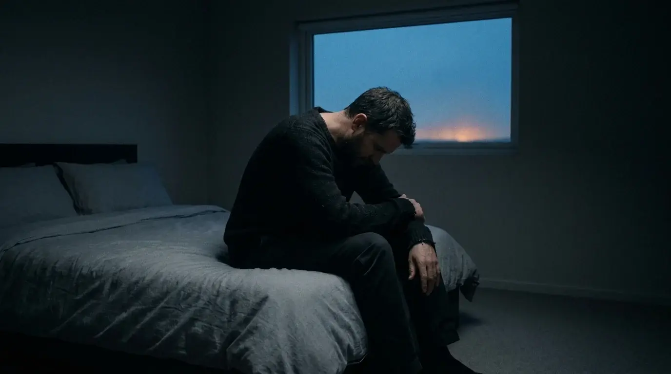 A faith-driven man sitting in stillness on the edge of his bed in the blue light before dawn - sleep for strength athletes