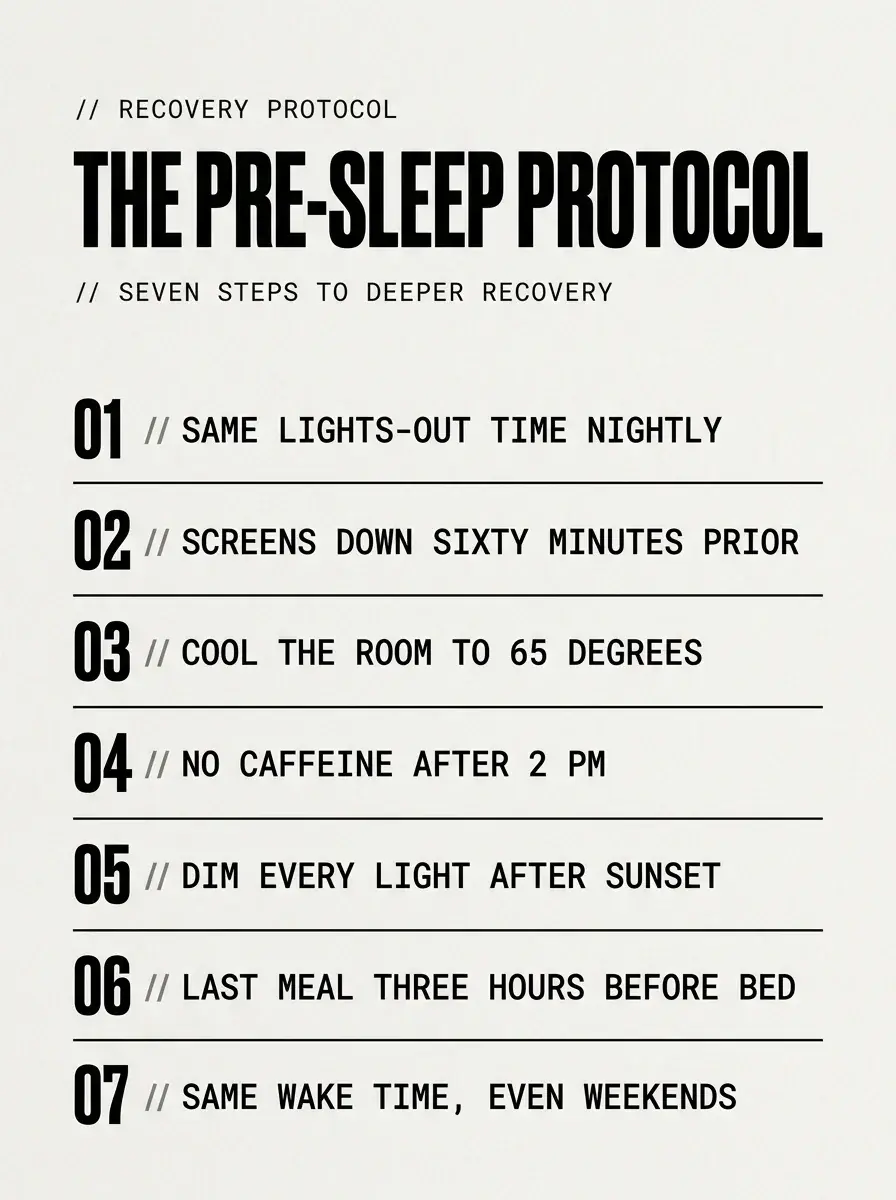 Infographic listing the seven-step pre-sleep protocol for recovery - sleep for strength athletes