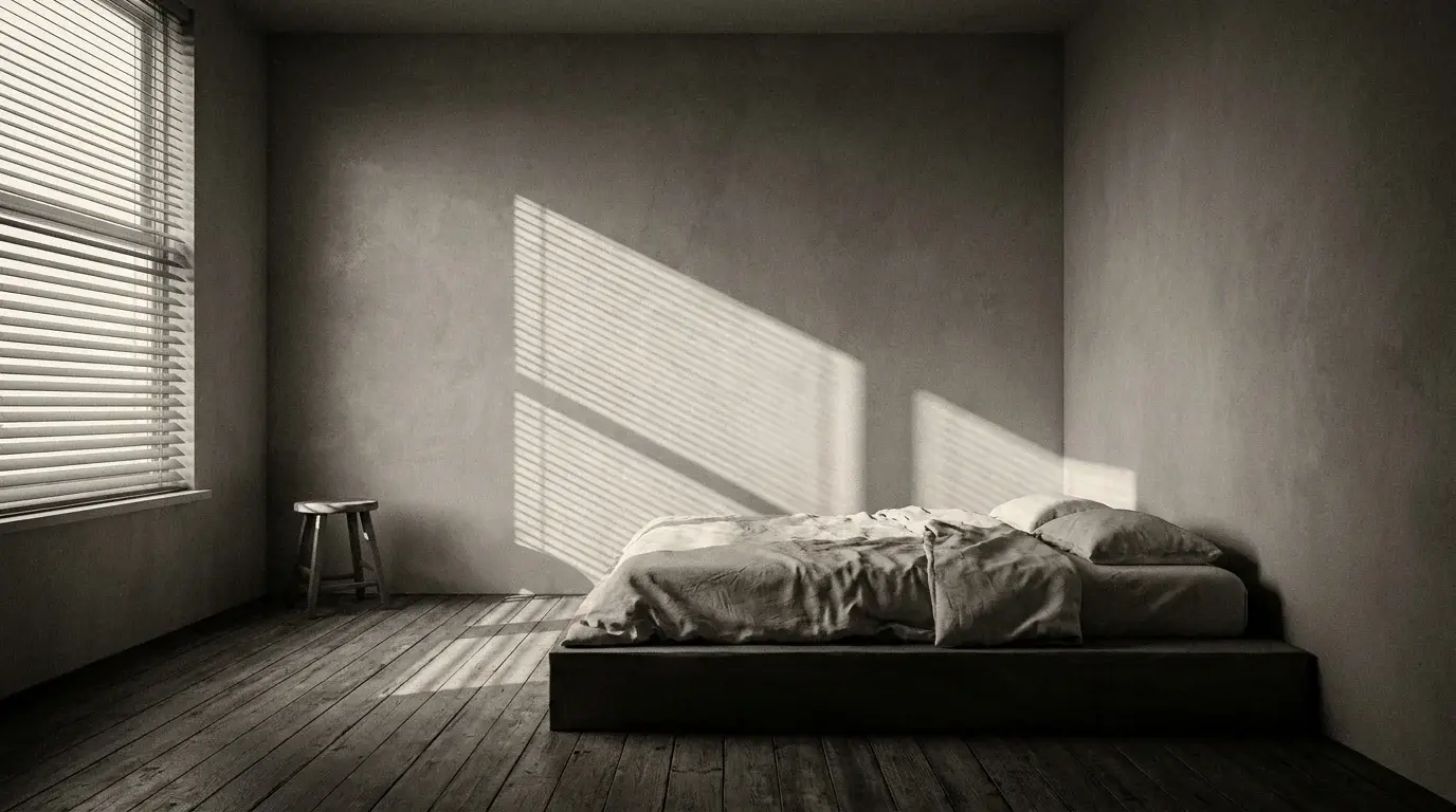 A spare, sunlit bedroom with morning light raking across an empty bed - sleep for strength athletes