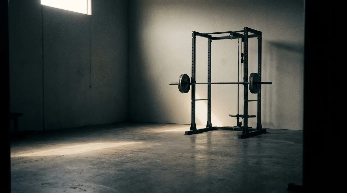 A loaded barbell resting in an empty power rack at dawn in a spare monochrome gym - squat programming for intermediate lifters