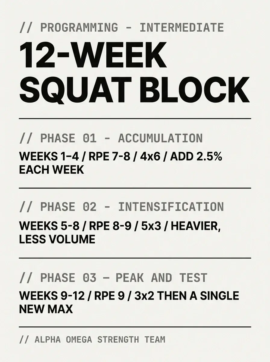 Infographic of the 12-week squat block - Accumulation weeks 1-4, Intensification weeks 5-8, Peak and Test weeks 9-12 - squat programming for intermediate lifters