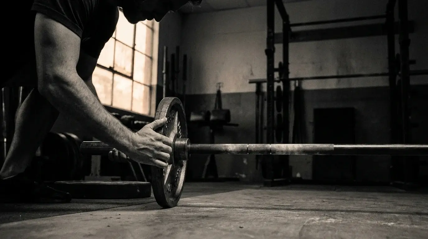 A lifter kneeling to load a heavy steel plate onto a barbell in a monochrome gym - squat programming for intermediate lifters