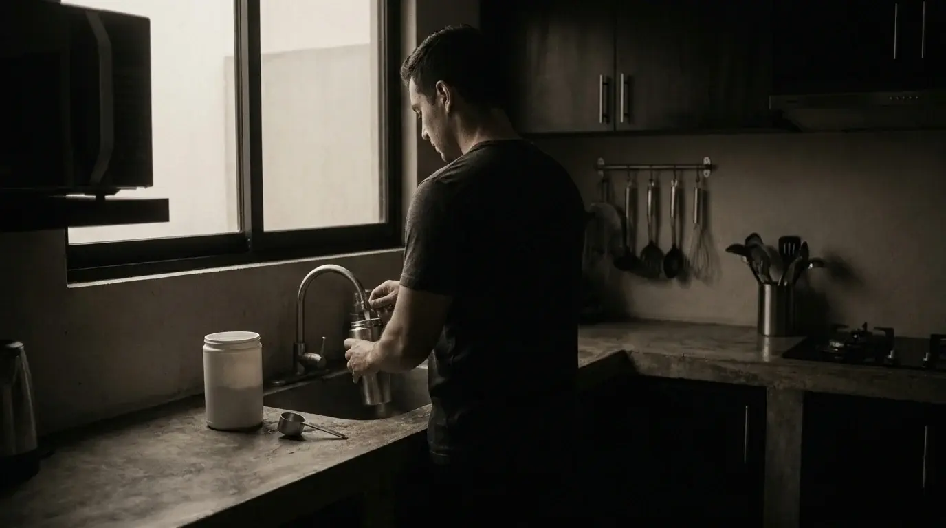 Faith-driven lifter filling a steel shaker bottle at a spare kitchen counter in early morning light - supplements for lifters