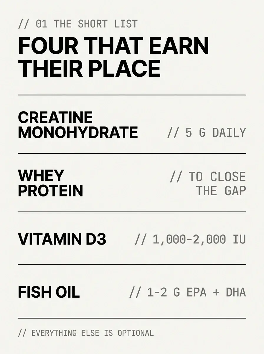 Infographic listing the four supplements worth buying and their doses - creatine monohydrate 5 g daily, whey protein to close the gap, vitamin D3 1,000 to 2,000 IU, fish oil 1 to 2 g EPA and DHA - supplements for lifters