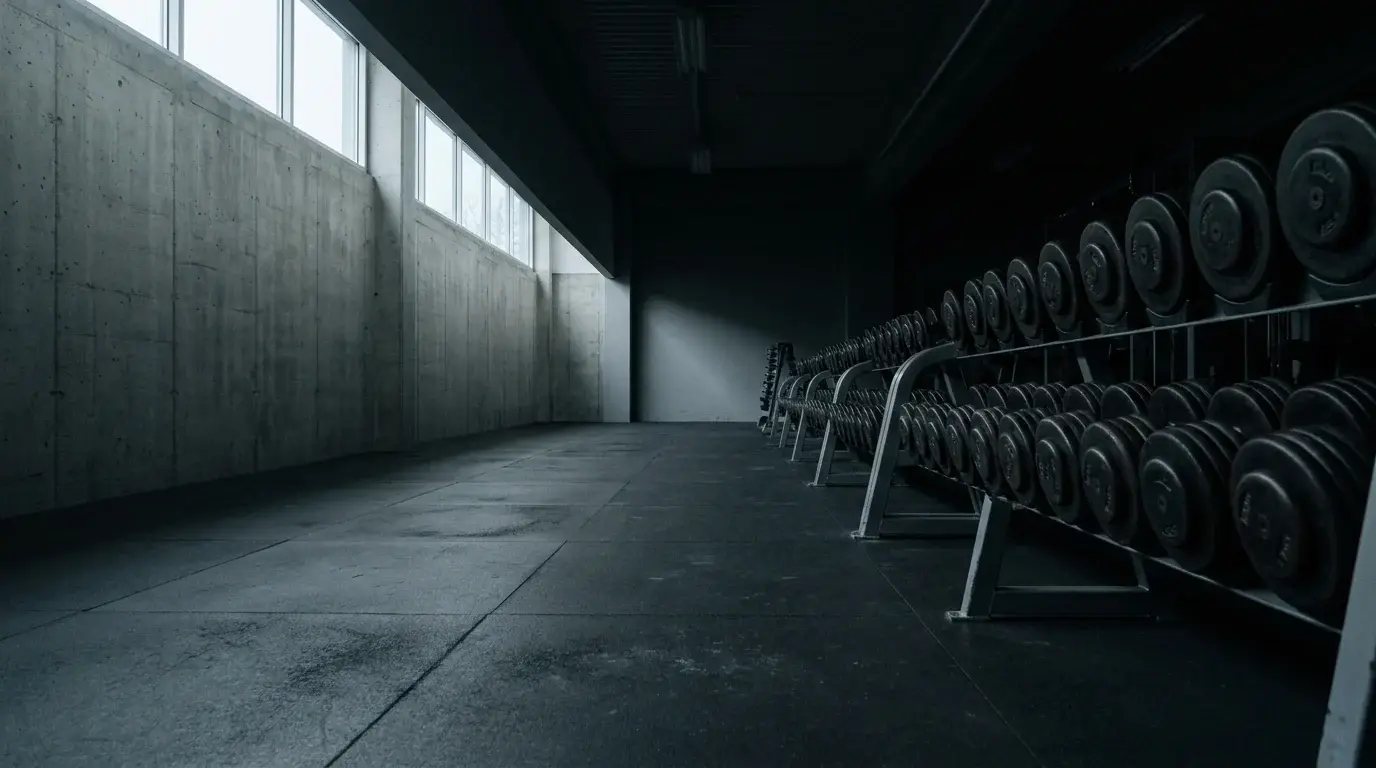 Empty commercial weight room before opening, aisle of racked dumbbells receding into shadow under cold clerestory light - supplements for lifters