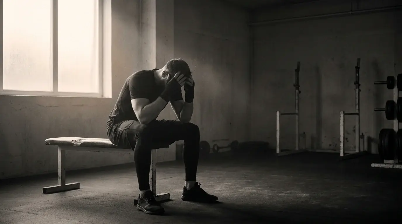 A lone lifter sits on a bench with his head lowered in an empty monochrome gym at dawn - returning to lifting after injury