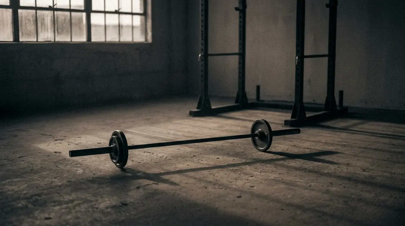 A barbell loaded with a single light pair of plates on the floor of an empty gym - returning to lifting after injury