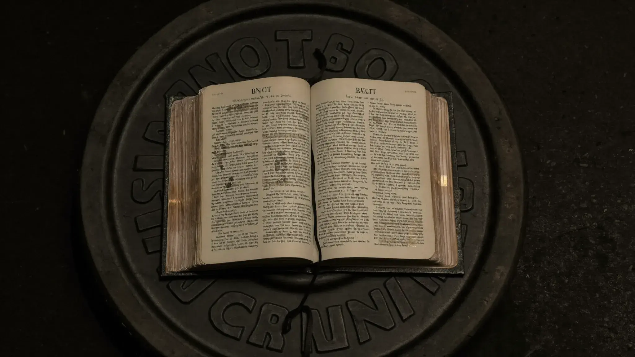 Open Bible resting on a weight plate - scripture and strength training as worship