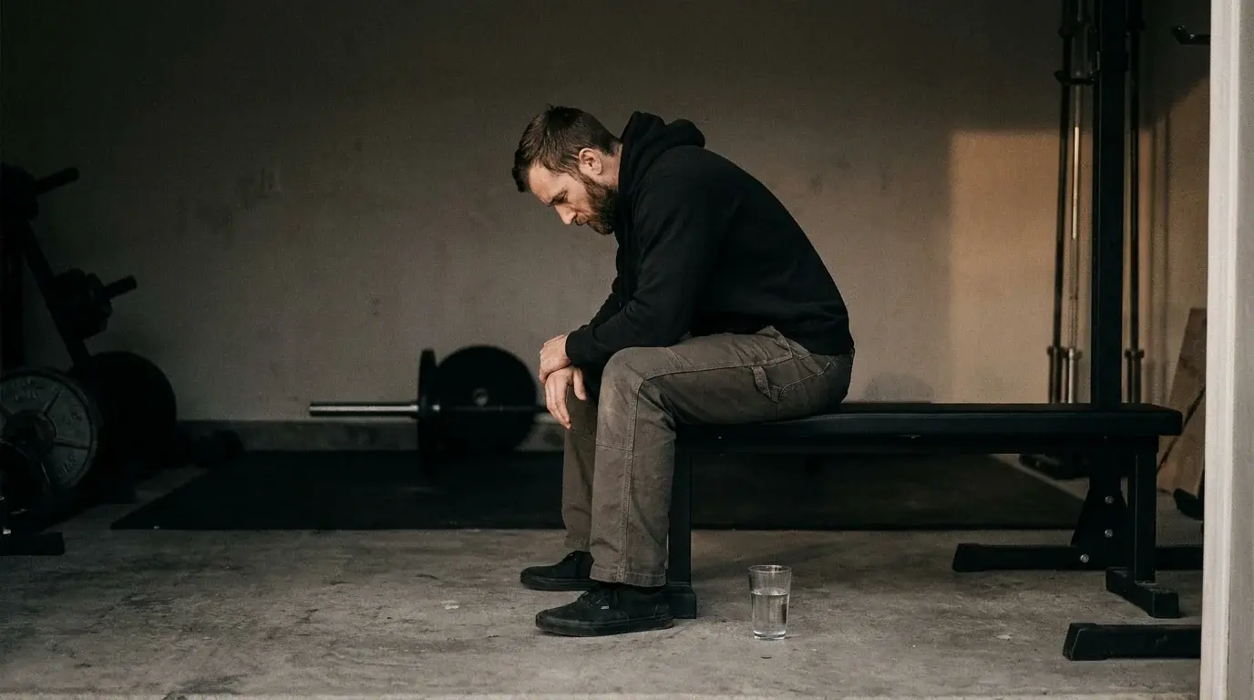 A lean man in his mid-30s seated on a bench in a quiet garage gym at dawn, resting between sets during a fasted training session - training while fasting
