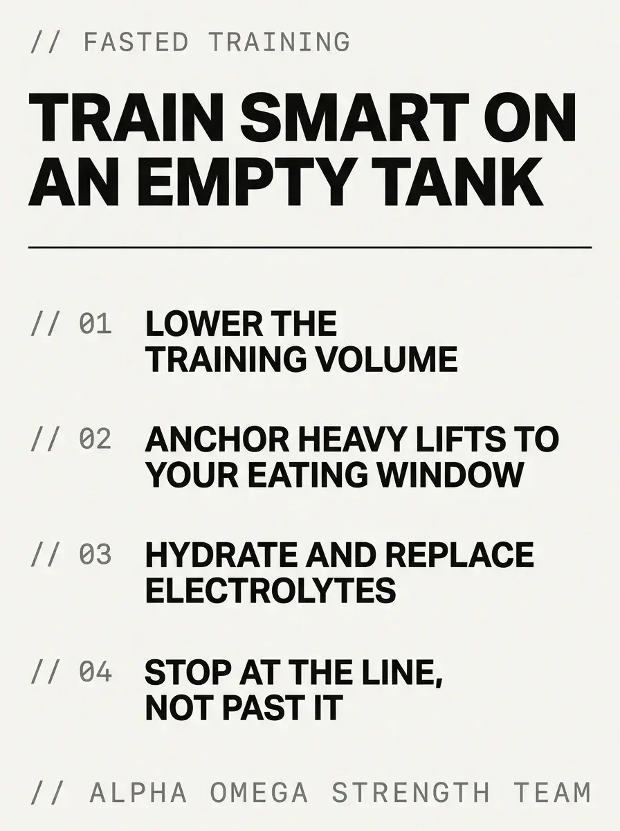 Infographic of the four fasted-training adjustments - lower the volume, anchor heavy lifts to your eating window, hydrate and replace electrolytes, stop at the line - training while fasting