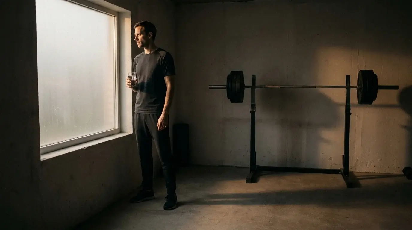 A lean man in his 30s standing at a window in a dim home gym at dawn holding a glass of water before a fasted session - training while fasting